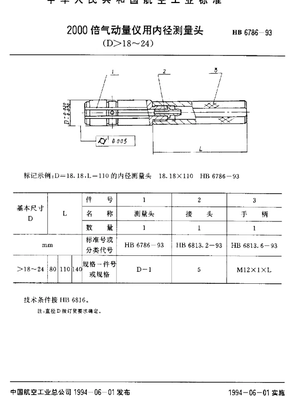HB 6786-1993 2000倍气动量仪用内径测量头(D18~24)