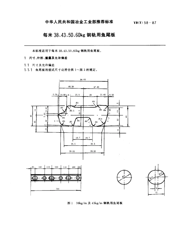 YB(T)58-1987 每米38、43、50、60 kg钢轨用鱼尾板