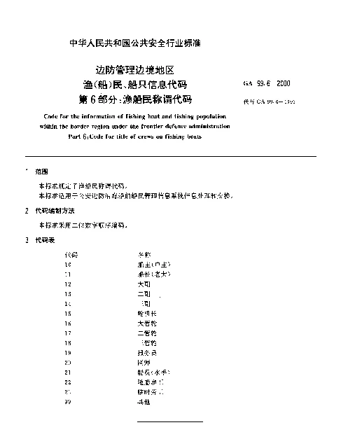 GA 99.6-2000 边防管理边境地区渔(船)民、船只信息代码.第6部分：渔船民称谓代码