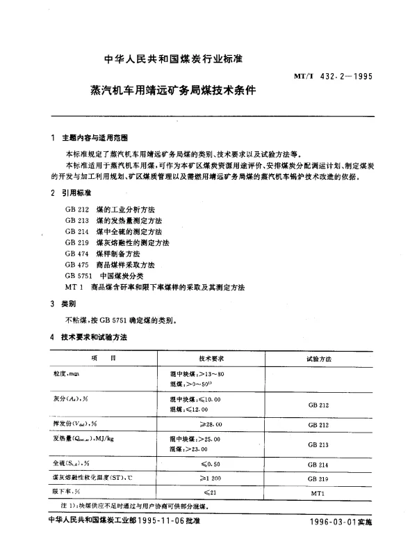 MTT 432.2-1995 蒸汽机车用靖远矿务局煤技术条件