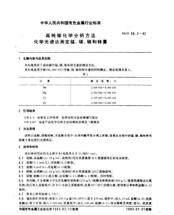 YST 38.2-1992 高纯镓化学分析方法.化学光谱法测定锰、镁、铬和锌量