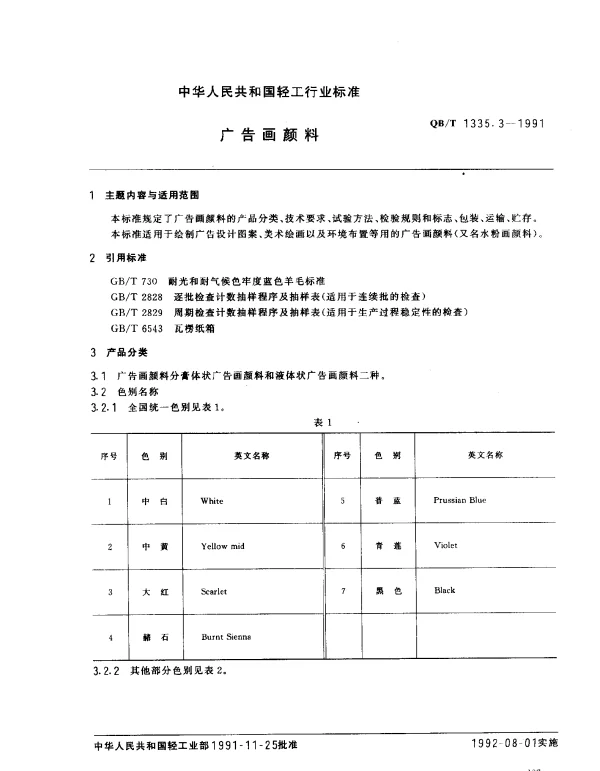 QBT 1335.3-1991 广告画颜料