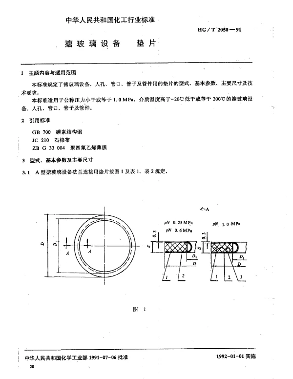 HGT 2050-1991 搪玻璃设备 垫片
