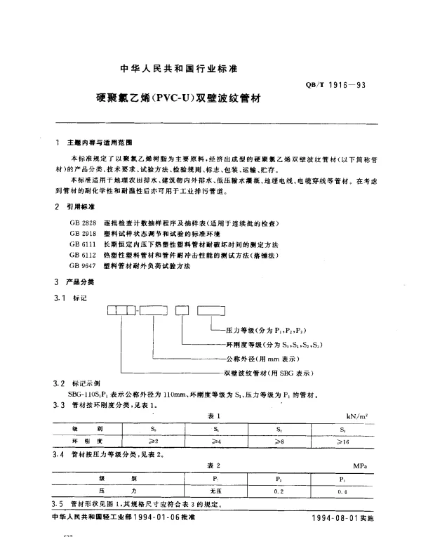 QBT 1916-1993 硬聚氯乙烯（PVC-U） 双壁波纹管材