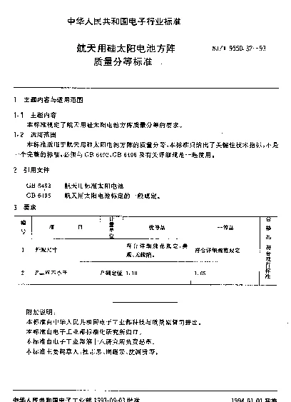 SJT 9550.32-1993 航天用硅太阳电池方阵质量分等标准