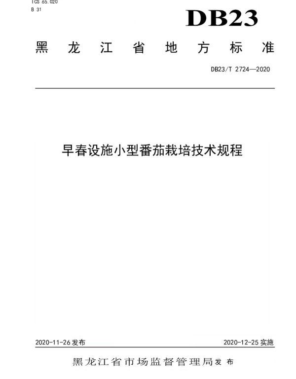 DB23T 2724—2020 早春设施小型番茄栽培技术规程
