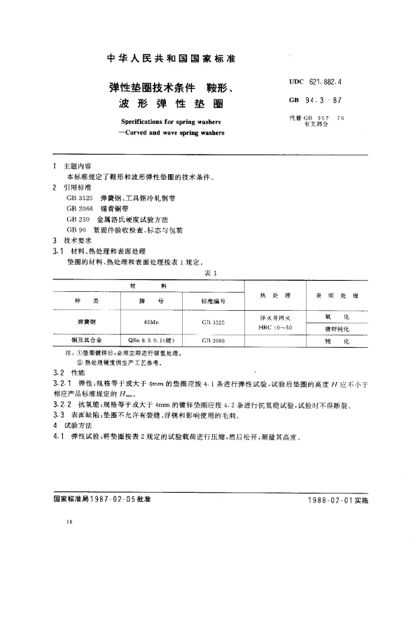 GB 94.3-1987 弹性垫圈技术条件 鞍形、波形弹性垫圈