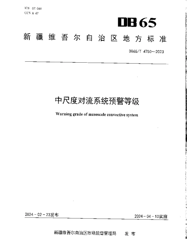 DB65T 4750-2023 中尺度对流系统预警等级