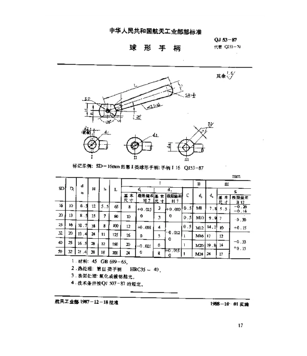 QJ 53-1987 通用零件 球形手柄