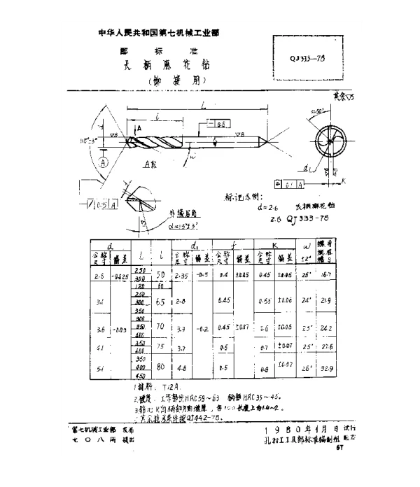 QJ 333-1978 长柄麻花钻(铆接用)