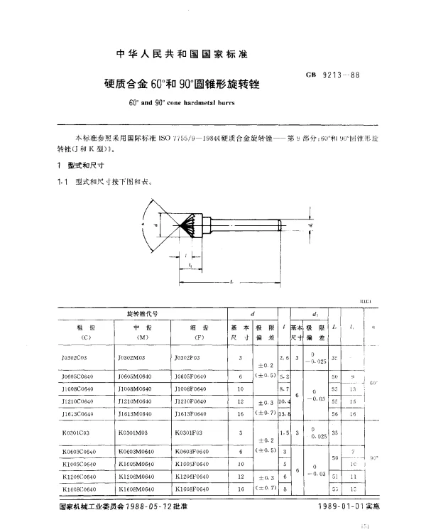 GB 9213-1988 硬质合金60度和90度圆锥形旋转锉