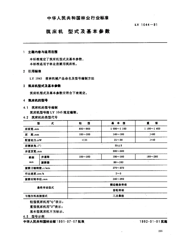 LY 1044-1991 筑床机.型式及基本参数
