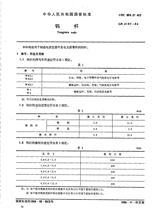 GB 4187-1984 钨杆