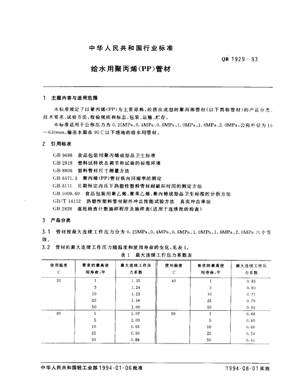 QB 1929-1993 给水用聚丙烯（PP）管材