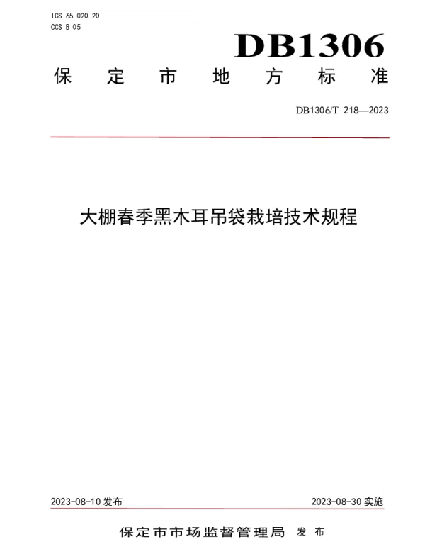DB1306T 218-2023 大棚春季黑木耳吊袋栽培技术规程