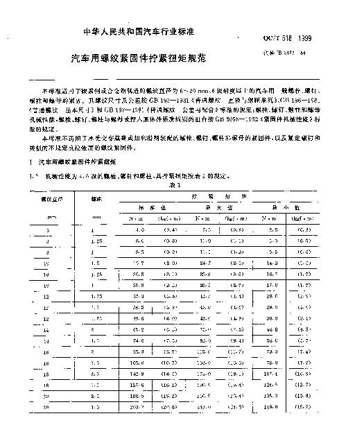 QCT 518-1999 汽车用螺纹紧固件拧紧扭矩规范