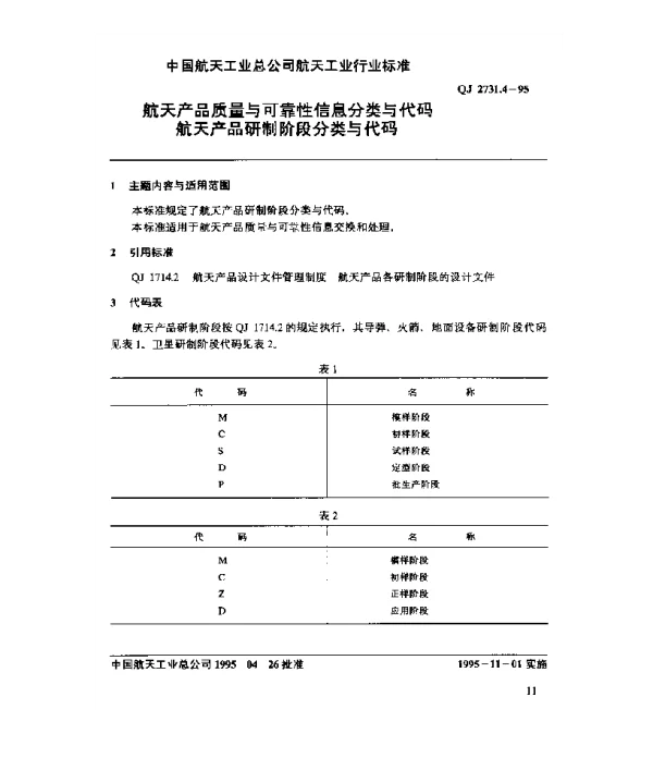 QJ 2731.4-1995 航天产品质量与可靠性信息分类与代码 航天产品研制阶段分类与代码