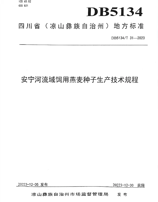 DB5134T 31-2023 安宁河流域饲用燕麦种子生产技术规程