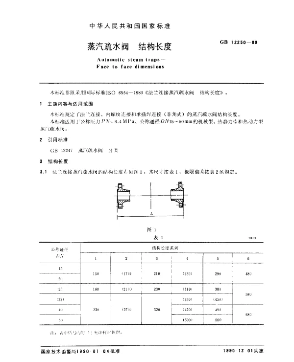 GB 12250-1989 蒸汽疏水阀 结构长度