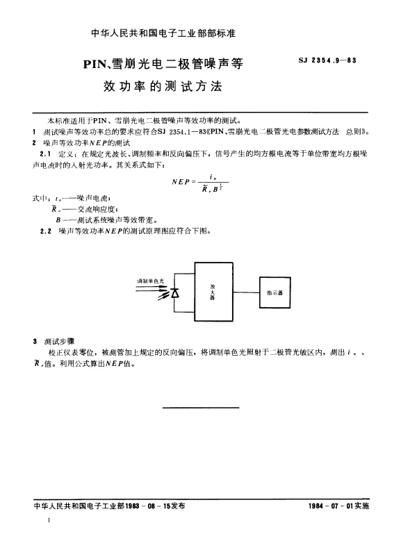SJ 2354.9-1983 PIN、雪崩光电二极管噪声等效功率的测试方法