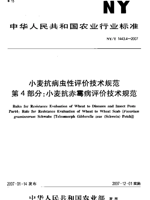 NYT 1443.4-2007 小麦抗病虫性评价技术规范 第4部分：小麦抗赤霉病评价技术规范