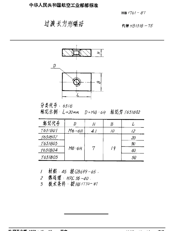 HB 1761-1987 过渡长方形螺母