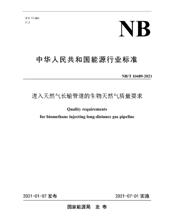 NBT 10489-2021 进入天然气长输管道的生物天然气质量要求