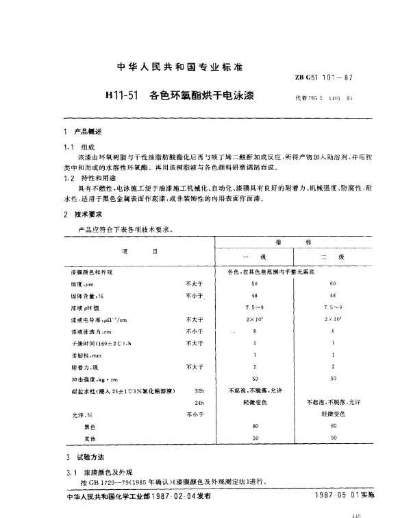 ZB G51 101-1987 H11-51 各色环氧酯烘干电泳漆