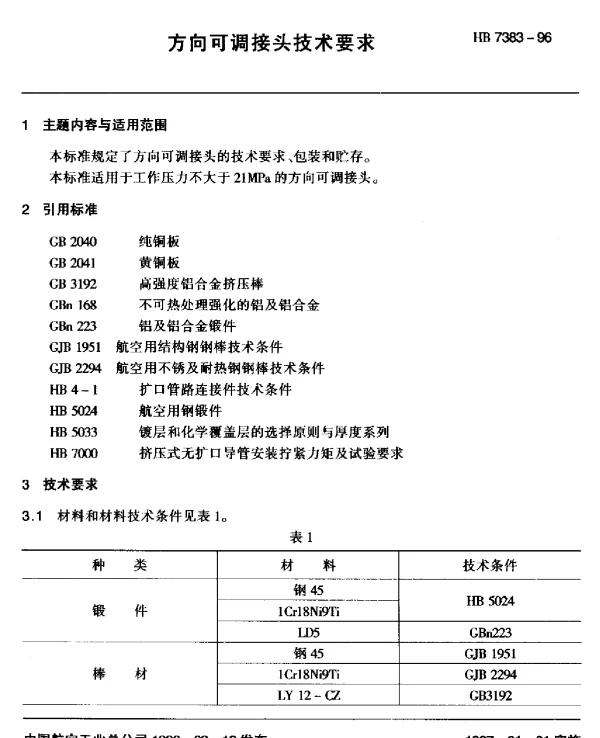 HB 7383-1996 方向可调接头技术要求