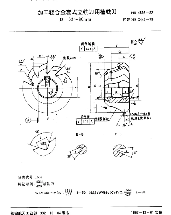 HB 4595-1992 加工轻合金套式立铣刀用槽铣刀.D=63~80mm