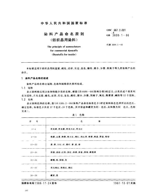 GB 3899.1-1986 染料产品命名原则（纺织品用染料）