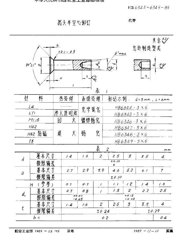 HB 6344~6349-1989 沉头半空心铆钉