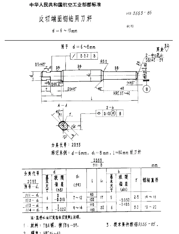 HB 3553-1985 反切端面锪钻用刀杆 d=6~13mm