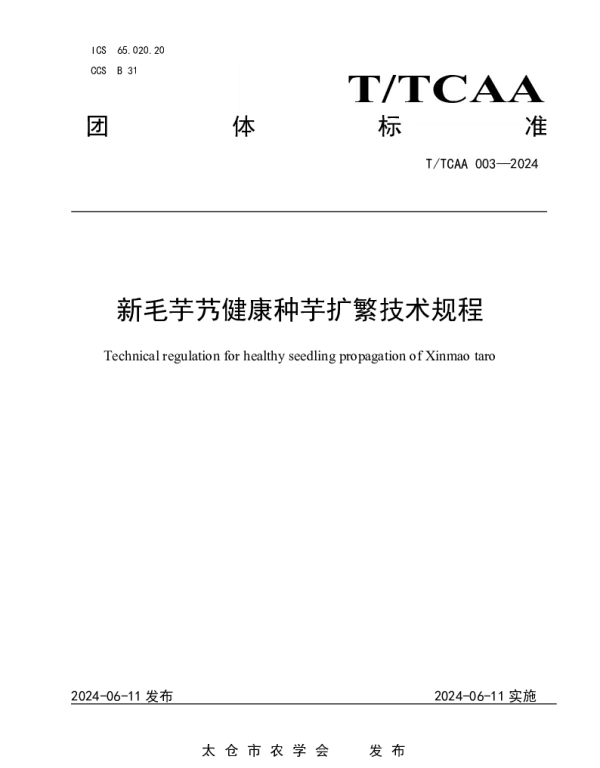 TTCAA 003-2024 新毛芋艿健康种芋扩繁技术规程