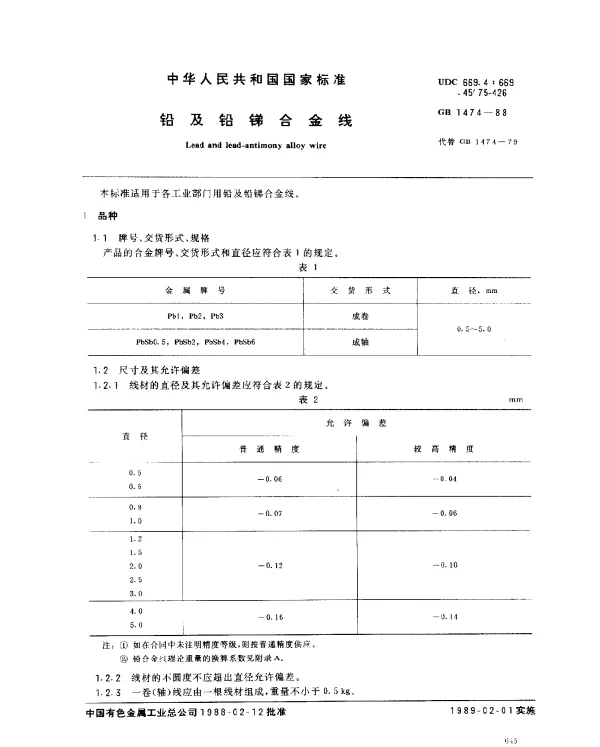 GB 1474-1988 铅及铅锑合金线
