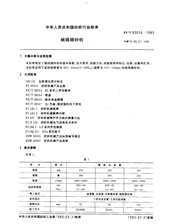 FZT 93016-1993 绒线细纱机