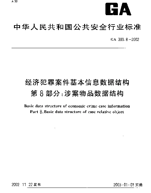 GA 399.8-2002 经济犯罪案件基本信息数据结构 第8部分：涉案物品数据结构