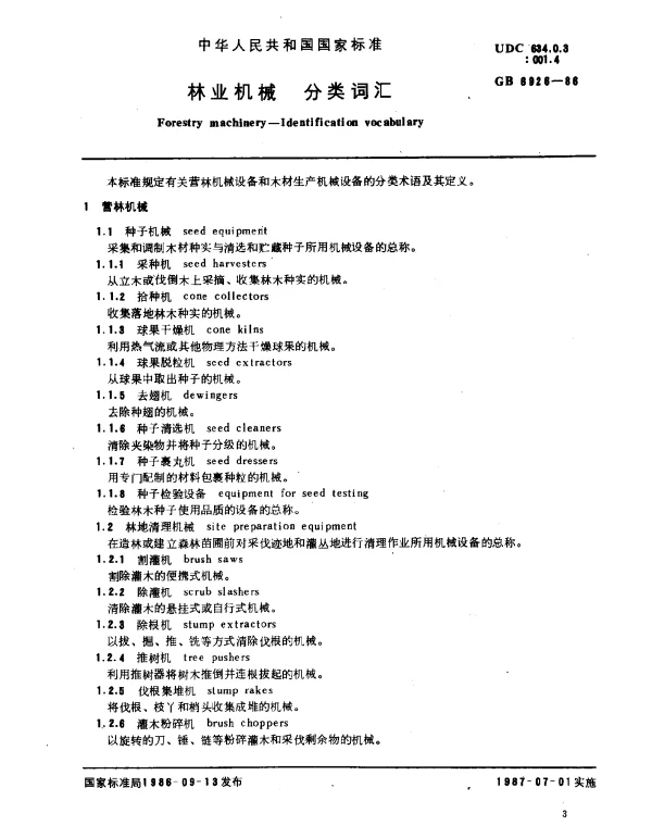 GB 6926-1986 林业机械 分类词汇