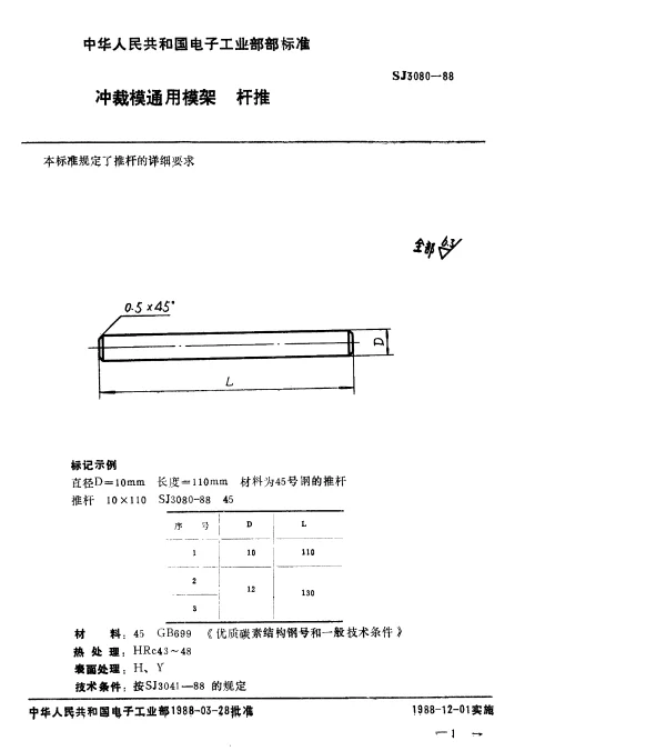 SJ 3080-1988 冲裁模通用模架.推杆