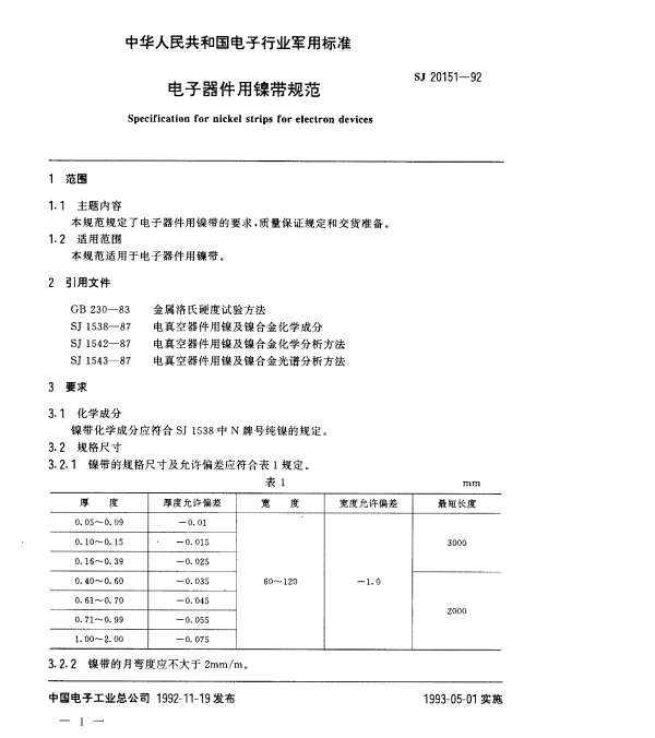 SJ 20151-1992 电子器件用镍带规范