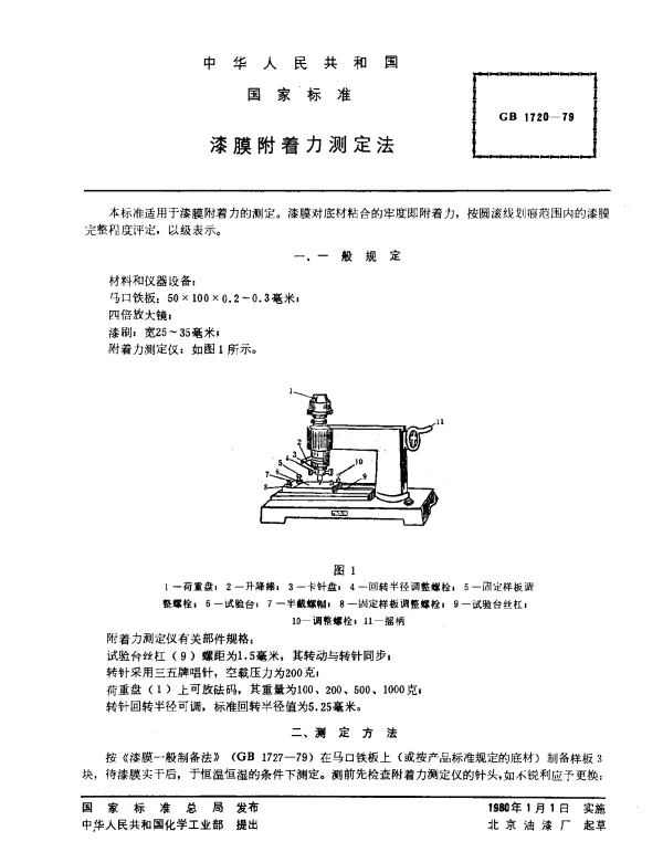 GB 1720-1979 漆膜附着力测定法