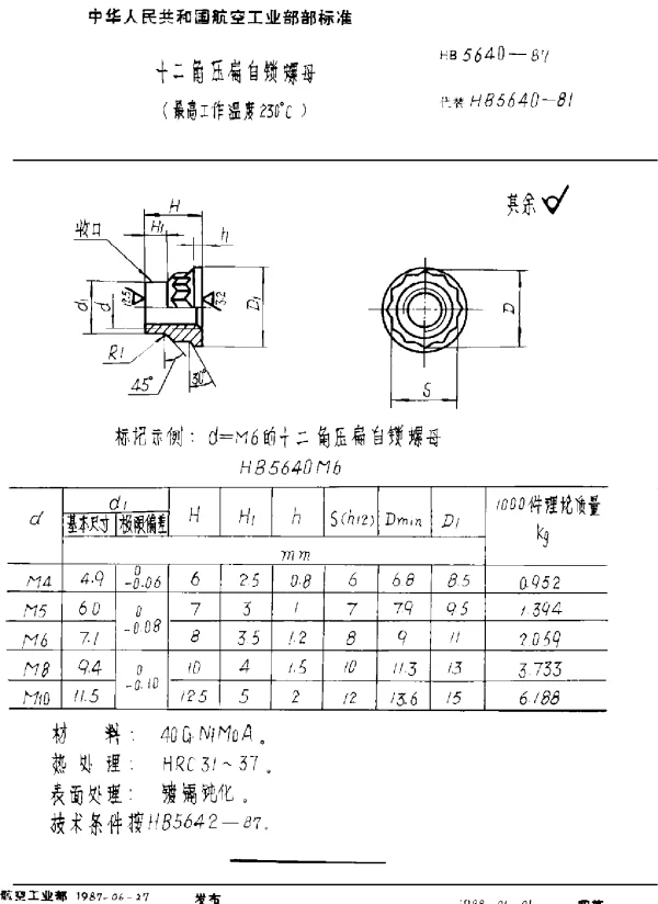 HB 5640-1987 十二角压扁自锁螺母(最高工作温度230°C)