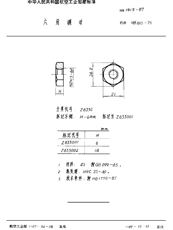 HB 1615-1987 六角螺母