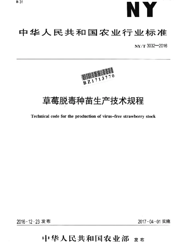 NYT 3032-2016 草莓脱毒种苗生产技术规程