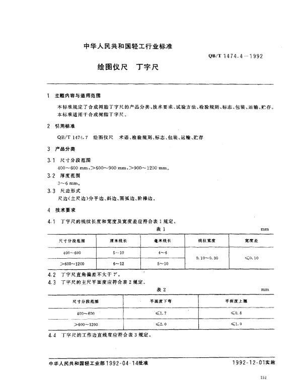 QBT 1474.4-1992 绘图仪尺 丁字尺
