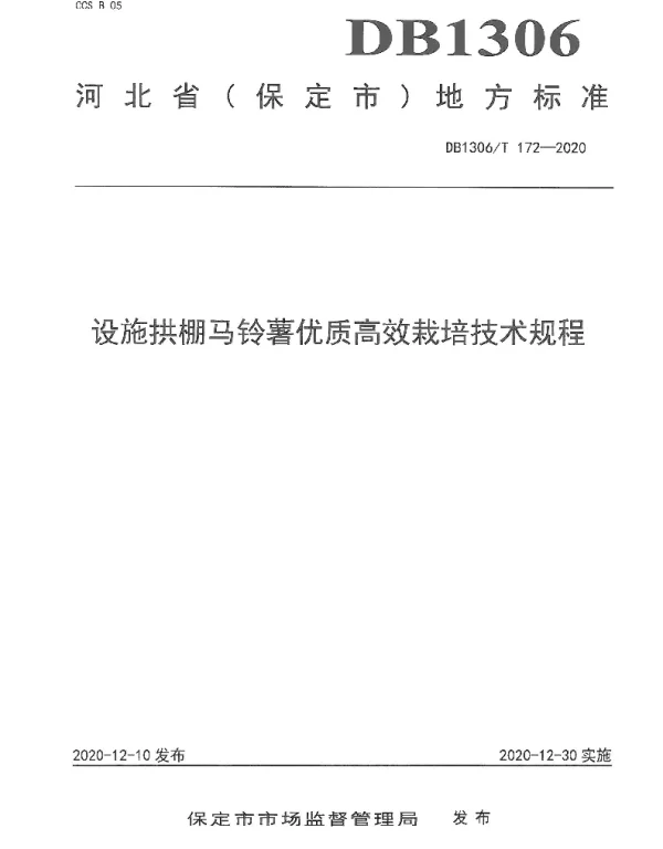 DB1306T 172-2020 设施拱棚马铃薯优质高效栽培技术规程