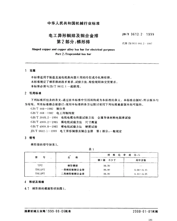 JBT 9612.2-1999 电工异型铜排及铜合金排.第2部分：梯形排