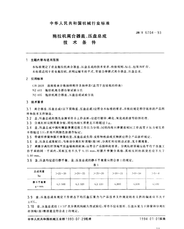 JBT 6704-1993 拖拉机离合器盖、压盘总成 技术条件