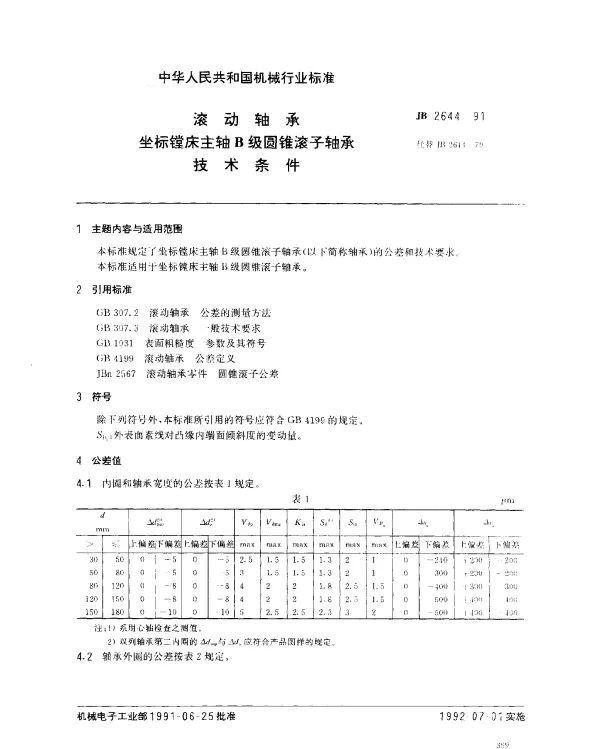 JB 2644-1991 滚动轴承 座标镗床主轴B级圆锥滚子轴承 技术条件