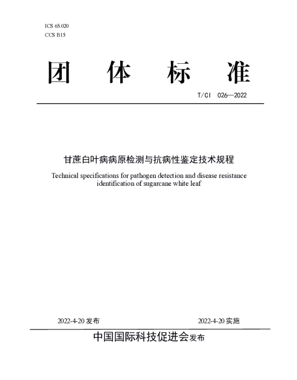 TCI 026-2022 甘蔗白叶病病原检测与抗病性鉴定技术规程